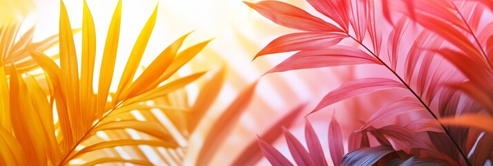 Poster - A close-up, artistic image of colorful palm leaves, with a yellow leaf on the left and a red leaf on the right, symbolizing growth, nature, summer, warmth, and tranquility.