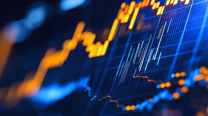 Poster - A close-up of a financial graph display showing market trends, with lines representing fluctuations and growth, symbolizing investment, trading, risk, opportunity, and economic data.