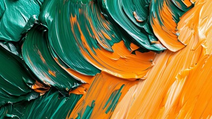 Canvas Print - A close-up image of green and orange acrylic paint swirled together, creating a vibrant and abstract texture. The colors blend and contrast, suggesting a dynamic interplay of energy and form. The thic