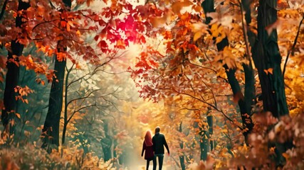 Sticker - A couple walks hand-in-hand along a path through a forest, surrounded by vibrant fall foliage A couple holding hands and walking through a colorful autumn forest