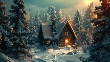 Canvas Print - A cozy cabin with a lit window sits nestled amongst snow-covered trees in a winter forest A cozy cabin nestled in a snowy forest, with smoke curling from the chimney