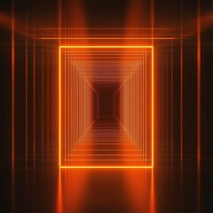 Wall Mural - A futuristic and abstract background featuring a glowing neon orange square tunnel.  The lines create a sense of depth and perspective.  The vibrant colors and geometric shapes make it a great choice 