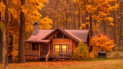 Canvas Print - A charming cabin bathed in warm autumn light sits amidst a vibrant forest of yellow, orange, and red trees A cozy cabin surrounded by trees in autumn hues