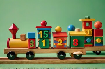 Colorful educational wooden toy train carrying blocks with numbers and geometric shapes on a soft green background. 