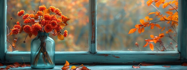 Wall Mural - a bouquet of autumn leaves on the table in a vase on the background of a wall and a window Close-up Copy space