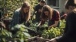 © Athena - A group of young individuals engaged in sustainable gardening, planting vegetables and herbs in a community garden setting, promoting teamwork and environmental awareness.
