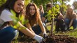 © Athena - A diverse group of young people engages in planting trees, smiling and enjoying their time outdoors, contributing to a sustainable future.