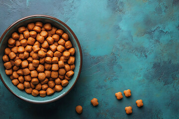 A close-up image of a bowl filled with dry pet food kibble, showcasing the texture and detail of the crunchy pellets.
