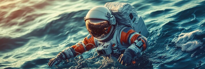 Poster - A lone astronaut, clad in a futuristic spacesuit, drifts in the vast expanse of the ocean, symbolizing the unknown, isolation, and the resilience of the human spirit.