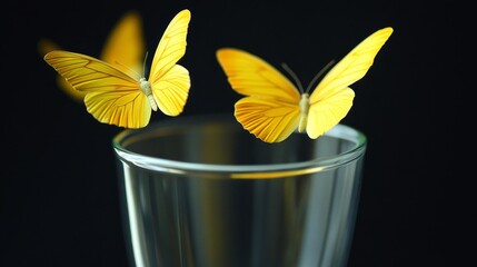 Poster - A mesmerizing image of three vibrant yellow butterflies gracefully flying around a transparent glass cup, symbolizing beauty, freedom, change, hope, and transformation.