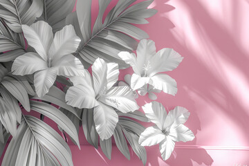 Wall Mural - White tropical flowers and palm leaves on pink wall background