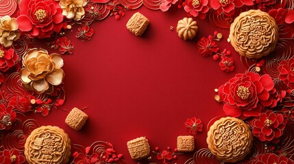 Wall Mural - Golden mooncakes surrounded by red flowers on a vibrant red background, symbolizing festivity and tradition in a bold design.