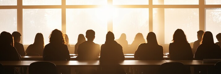 A silhouette image of diverse students sitting in a classroom, facing a large window. The sun shines through the window, creating a bright light and illuminating the students' figures. This image symb