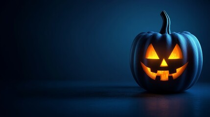 Sticker - A single, illuminated Jack-o'-Lantern sits in a spotlight against a dark blue background. The pumpkin's carved face glows brightly, symbolizing Halloween, festive celebration, autumn, spooky fun, and 