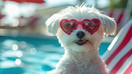 Puppy white maltese dog wearing pink heart sunglasses sitting and lying on beach chair and beach umbrella by the sea in resting summer vacation,pet friendly,journey trip concept.