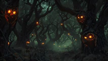 Poster - A path winds through a spooky forest at night, where trees have glowing eyes and twisted branches, A eerie forest with twisted trees and glowing eyes peering out