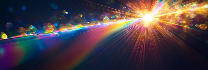 Canvas Print - A vibrant abstract background featuring a bright light explosion emanating from a central point, creating a radiant prism effect with streaks of color, symbolizing energy, creation, hope, and the spec