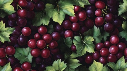 Wall Mural - A vibrant and inviting image featuring clusters of ripe red grapes nestled among lush green leaves.  The pattern evokes a sense of abundance, freshness, and the beauty of nature. It symbolizes growth,