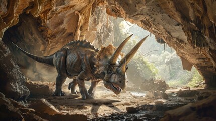 prehistoric cave where ancient creatures like the Protoceratops seek shelter.