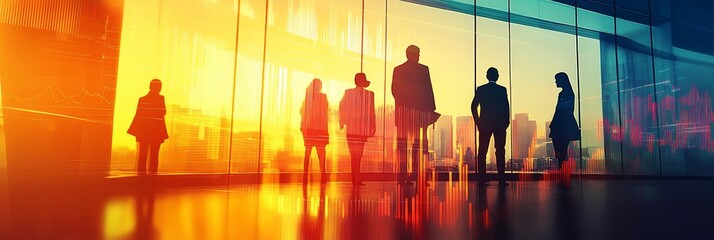 Poster - Silhouettes of a business team looking out a window at a cityscape, symbolizing success, ambition, teamwork, vision, and progress.