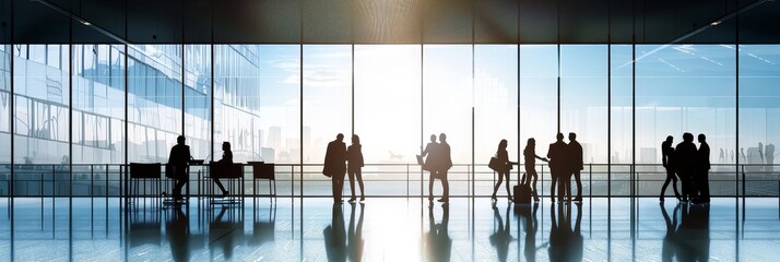 Poster - Silhouettes of business people working together in a modern office space with large windows overlooking a city skyline. This image conveys teamwork, collaboration, success, and a positive work environ