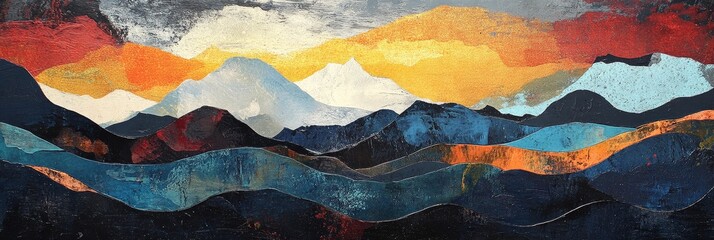 Canvas Print - This abstract painting depicts a layered mountain landscape bathed in the warm glow of a setting sun. The vibrant hues of the sky, ranging from deep reds to fiery oranges and bright yellows, create a 