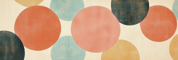 Wall Mural - This mid-century modern abstract background features a pattern of colorful circles in shades of orange, blue, and yellow, set against a textured cream background, symbolizing simplicity, joy, harmony,