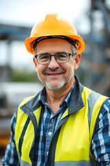 A smiling construction worker wearing a yellow hard hat and a safety jacket. He stands confidently in a construction site, showcasing a friendly demeanor.