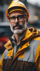 A smiling construction worker wearing a yellow hard hat and a safety jacket. He stands confidently in a construction site, showcasing a friendly demeanor.