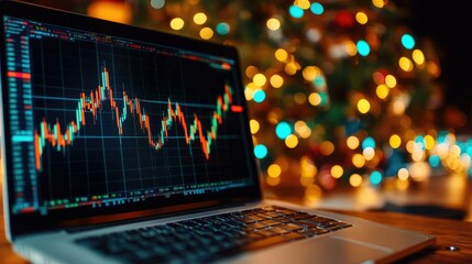 A close-up of a laptop displaying financial graphs, with a festive background of colorful lights, perfect for business themes.