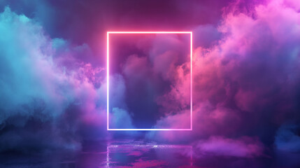 a vibrant neon light rectangular portal amidst pink and purple clouds on a reflective wet surface, s
