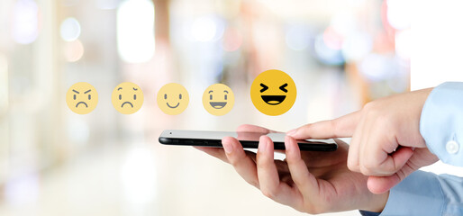 Customer Experience, A user give excellent rating to product and service experience on online application, Customer review for satisfaction feedback
