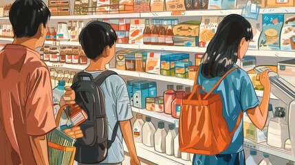 Draw an Asian family shopping for home essentials at a department store