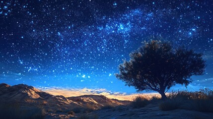 Night Sky with Stars and a Silhouetted Tree