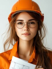 A young woman in a hard hat and glasses looks confidently at the camera, holding a blueprint.