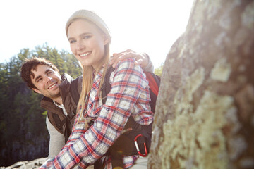 Mountain, portrait or happy couple hiking in woods for love or romantic outdoor adventure in nature. Honeymoon, hikers or people in forest together on holiday vacation, trip or break to explore park