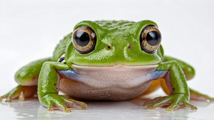 tiny green frog with large eyes, isolated on white background