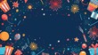 © Manon - 4th of July background with fireworks, stars, illustrations. dark blue color. The border has elements such as firecrackers, flags, balloons, gifts