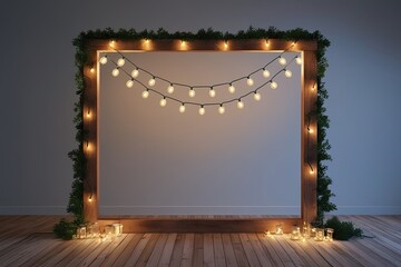 Classic Wooden Frame with String Lights in 3D Precise Render for Nostalgic Gatherings