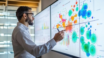 a data scientist presenting findings on a large screen, with colorful data visualizations and machin