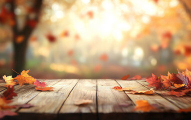 Fallen leaves on wooden tabletop with autumn blurred background. Maple leaves with vibrant backlight from the setting sun. Cozy harvest season atmosphere 