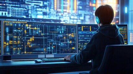 A focused individual monitors complex data on multiple screens in a modern tech environment, showcasing a digital workspace.