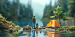 © THINGDSGN - Father and son enjoying a summer camping trip at their campsite by the tranquil lake surrounded by trees, a peaceful nature moment, 3d miniature summer scene