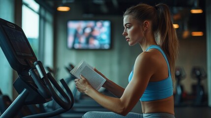 Poster - A woman is reading a book while sitting on a stationary bike