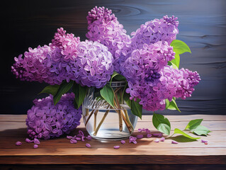 Wall Mural - Excellent A vase of purple flowers sits on a table with a white speckled background