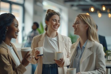 Female colleagues enjoying coffee break  building friendly work relationships.