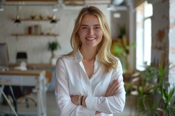 Wall Mural - Portrait of confident young businesswoman in creative office setting.