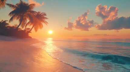 Tropical Sunset Beach with Palm Trees and Ocean Waves