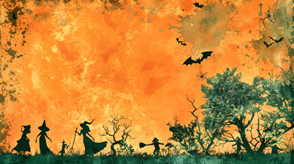 Silhouettes of witches, wizards, and a scarecrow create a spooky atmosphere against an orange background, adorned with creepy trees and playful designs