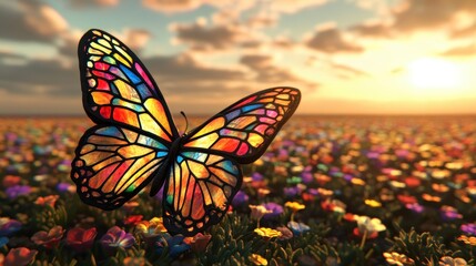 Sticker - Colorful Butterfly on Flower Field at Sunset